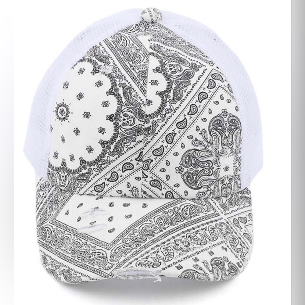 C.C. Brand paisley print messy bun adjustable cap, cross cross stretch.